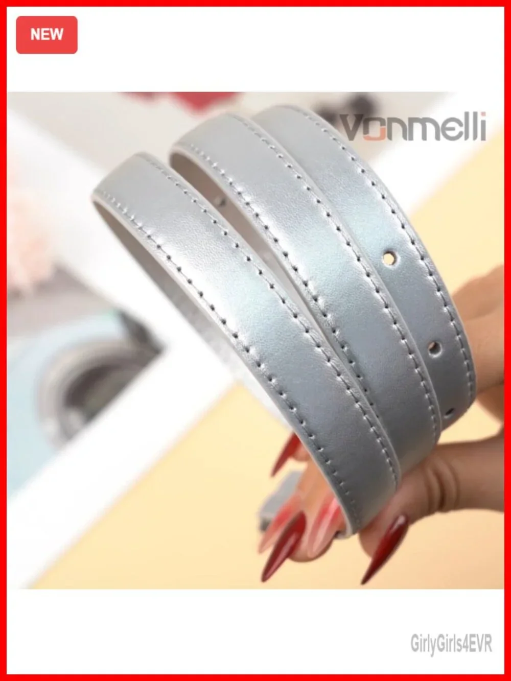 Women's Skinny Faux Leather Belt with Polished Silver Buckle, 0.7